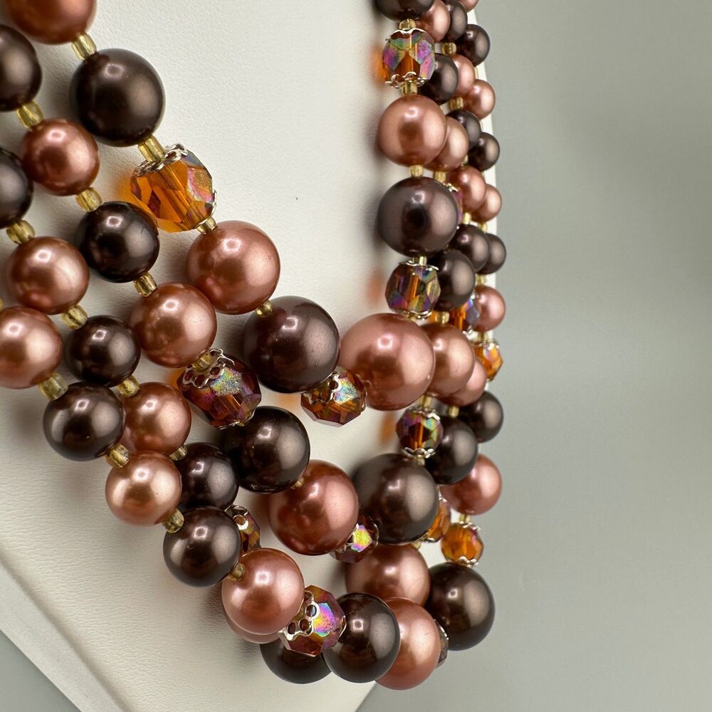 Vintage Japan Faux Pearl Necklace Multi Strand Topaz Root Beer Color AB Beads - Picture 16 of 16
